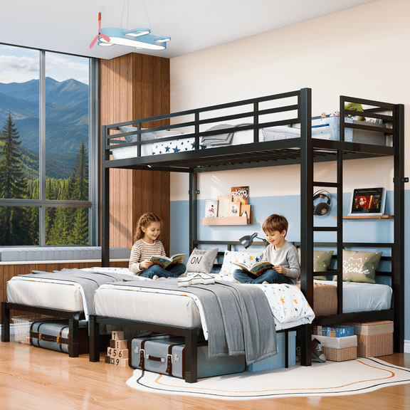 HICOMILA Triple Bunk Bed, Metal L-Shaped Frame Separates into 3 Twin Beds, Noise Reduced with Guardrail and Ladder, no Box Spring Needed, Black