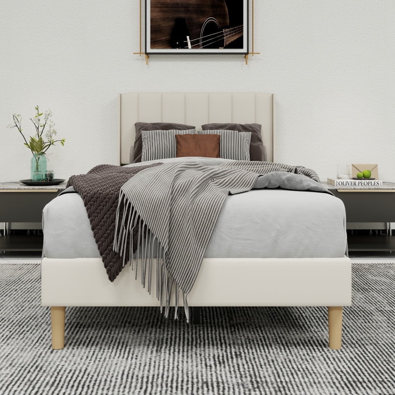 Pillfn Upholstered Platform Twin Size Bed Frame with Headboard Wooden Slats Support,Beige