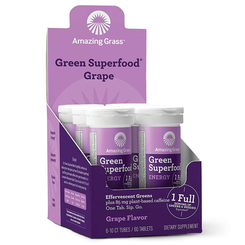 Amazing Grass Energy Green Superfood Effervescent Tablets, Grape, 60 Ct