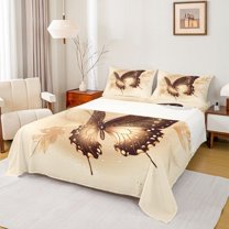 Manfei Wheat Gold Butterfly Twin Sheet Sets, Romantic Animal Print Twin Fitted Sheet, Vintage Leaf Botanical Flat Sheet, Microfiber Bedroom Decor, 3 Pieces