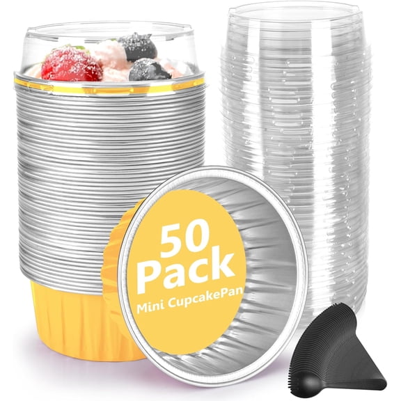 Disposable Ramekins 50 Packs with Lids and Spoons,Mini Cake Pans Round Aluminum Foil Cupcake Baking Cups Muffin Cups Tins,Disposable Cakecup Wrappers Cheesecake Creme Brulee-5 Oz (Gold)