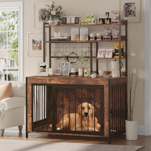 Vabches Dog Crate Kennel Cage Furniture with Storage Shelves and Double Doors, Heavy Duty Indoor Dog Kennel for Large Medium Dogs