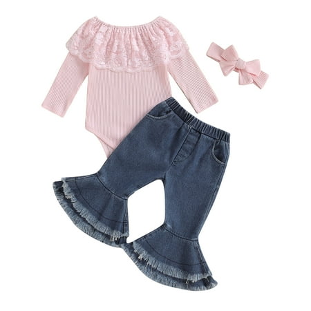 

Wallarenear Baby Girls Outfits Ribbed Knit Long Sleeve Lace Romper Denim Flared Pants Pink 18-24 Months