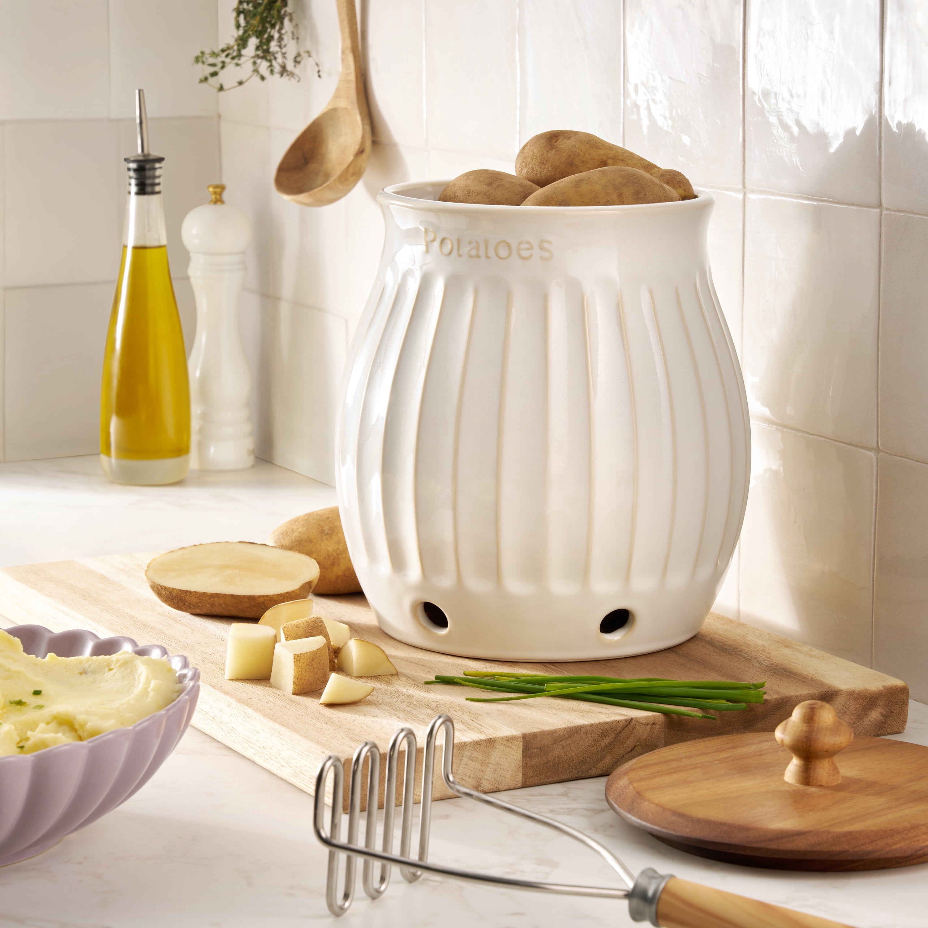 The Pioneer Woman Colette Stoneware Potato Keeper, White - Walmart.com
