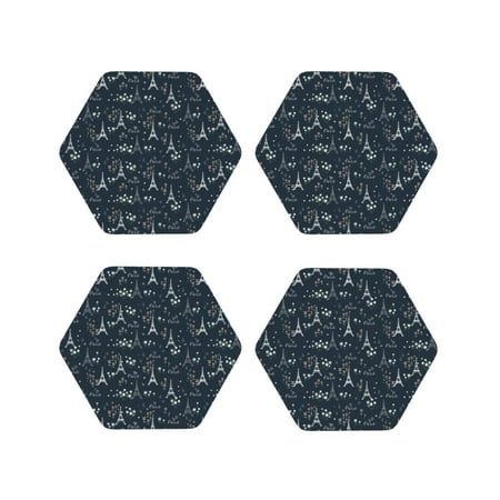 

KLL Drink Coasters Set Hexagon of 4 PU Leather Absorbent Coasters Set Decorative Coffee Cup Coasters Housewarming Gift for Home Decor-Romantic Eiffel Tower