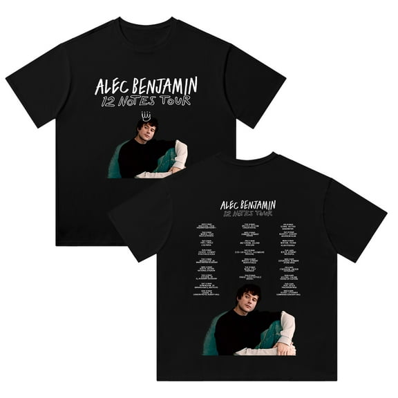 Alec Benjamin 12 NOTES Theme Cotton T-Shirt, 2025 World Tour, Black and White, Great for Casual Wear and Fan Events