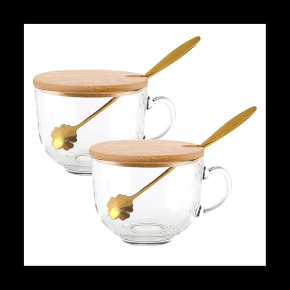 Tazas de Café con Asa, Vasos de Vidrio con Tapas de Bambú y Cucharas de Flor de , Vasos Transparentes para Té, Cereales, Yogur