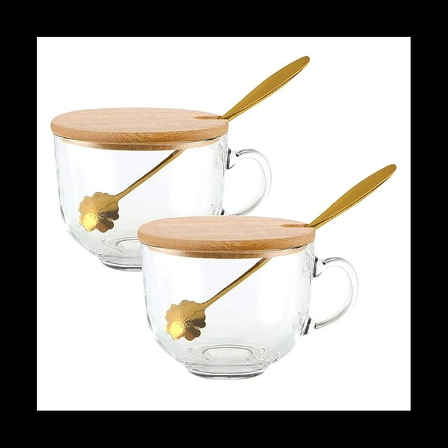 Tazas de Café con Asa, Vasos de Vidrio con Tapas de Bambú y Cucharas de Flor de , Vasos Transparentes para Té, Cereales, Yogur