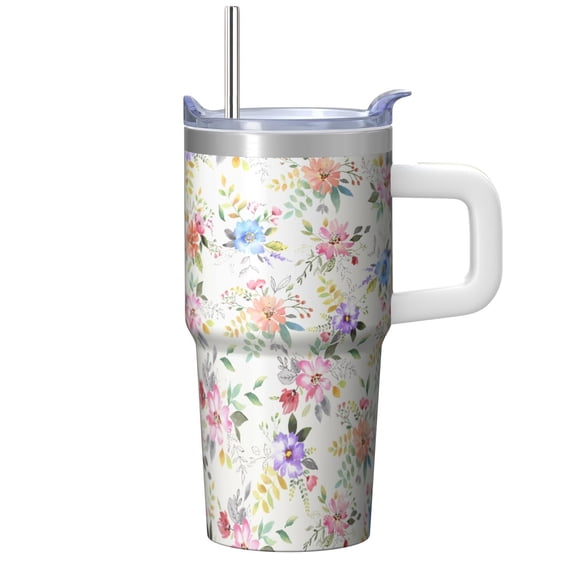 20oz Tumbler with Handle, Floral Travel Coffee Mug with Straw Lid, Insulated Chinoiserie Cup, Women's Present for Birthday Holiday