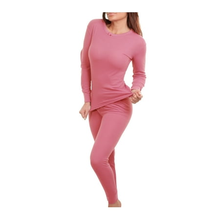 Women's Cotton Waffle Knit Thermal Underwear Stretch Shirt & Pants 2pc Set (L,