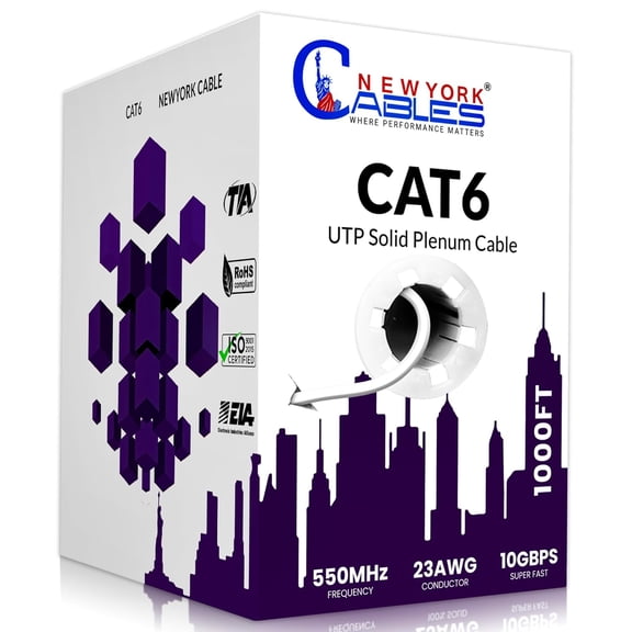 NewYork Cables Cat6 Plenum CCA 1000ft Bulk Ethernet Network LAN Cable UTP 4Pairs 550MHz 23AWG White
