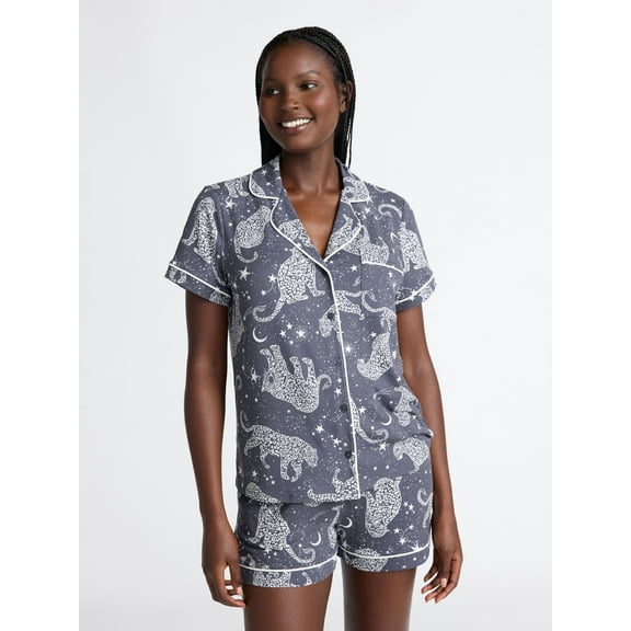 Joyspun Women’s Dreamy Soft Collection Notch Collar Knit Top and Boxer Shorts Pajama Set, Sizes XS-3X