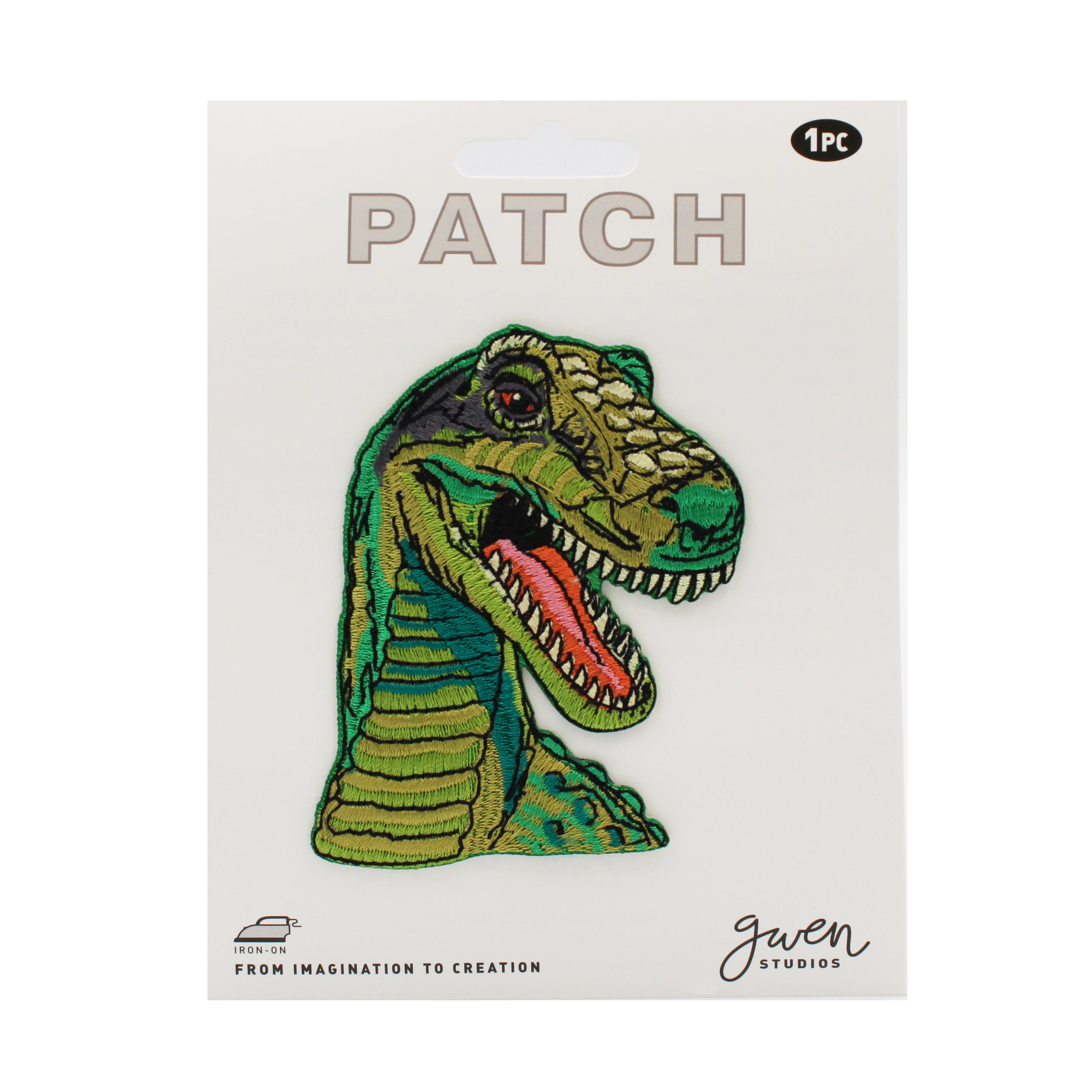 Gwen Studios Embroidered Green T-Rex Dinosaur Iron-on Patch Applique, 2.6" x 3.5"