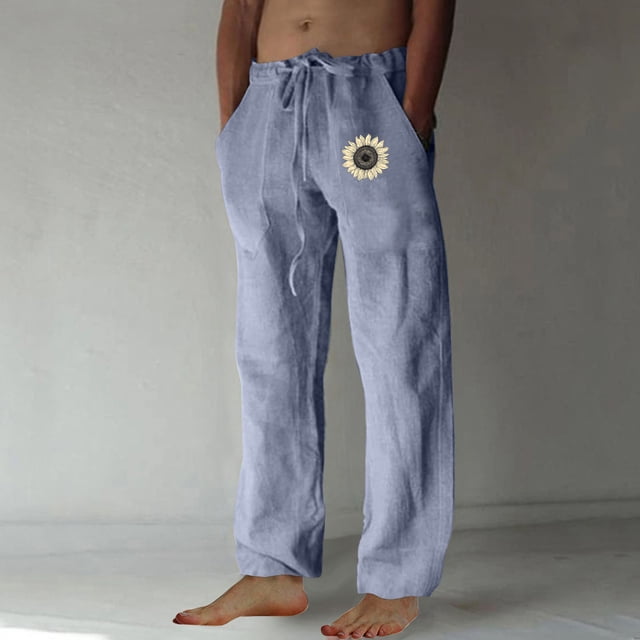 Ceisia Men's Gift Loose Straight-leg Sunflower Print Casual Pants Mid-Rise Elastic Drawstring Waist Side Print Pants