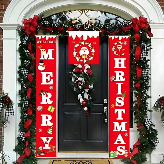 Christmas Door Banner Set, 3PCS Merry Christmas Porch Sign with Santa Snowman, Red Christmas Door Decorations for Home, Outdoor, Front Door, Porch, Party