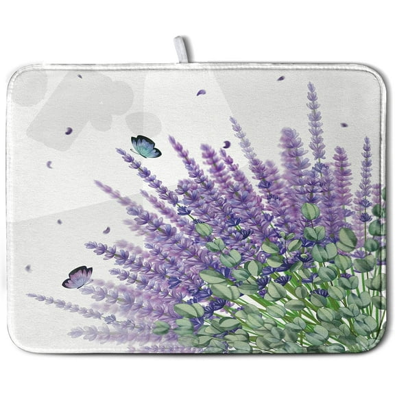 Purple Lavender Dish Drying Mat for Kitchen Counter, 18 x 24 Purple Floral Microfiber Dish Drainer Mats, Absorbent Reversible Microfiber Dish Mat, Butterflies Flowers Kitchen Drying Mats for Dishes