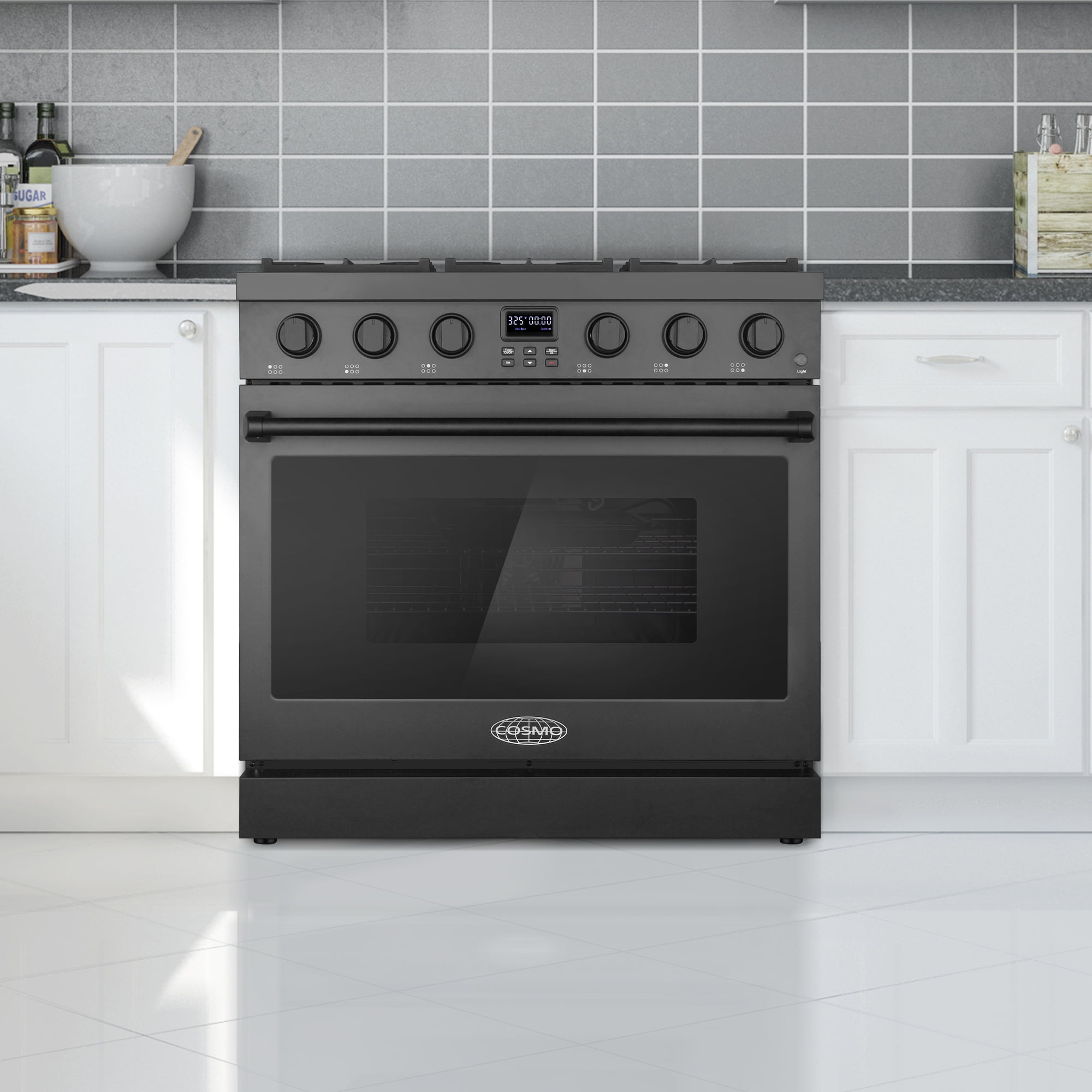 Cosmo 36 in. Lumin Collection 6.1 cu. ft. Gas Range with 6 Sealed Burners and Convection Oven in Matte Black