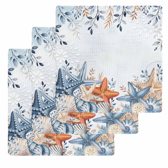 Orange Blue Starfish Coastal Kitchen Dish Towels for Drying Dishes Set of 3, Summer Beach Eucalyptus Waffle Weave Microfiber Hand Tea Bathroom Towels Quick Dry & Absorbent Towel 12x12