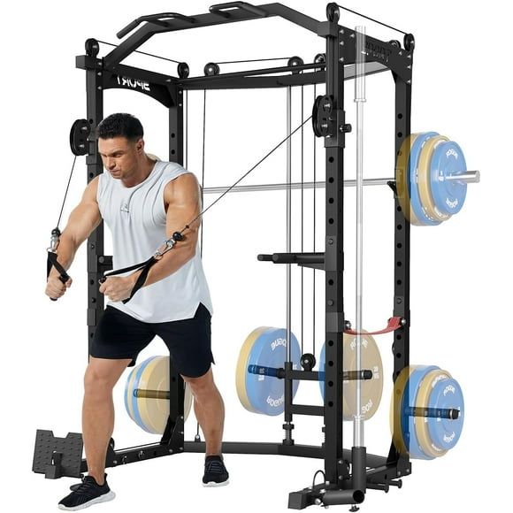 Ourlova Power Cage 2000LBS Multi-Function Power Rack – LAT Pulldown, Seated Row, Cable Pulley System, J-Hooks, Dip Handles, Landmine, Squat Rack, Cable Crossover & Smith Machine