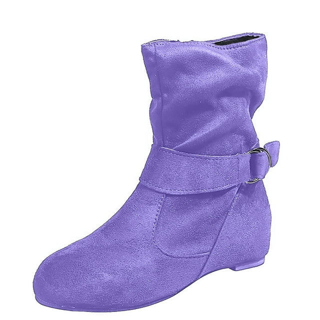 Jsaierl Women's Mid Calf Combat Riding Fashion Winter Boots Buckle Strap Side Zipper Casual Round Toe Short Booties Fall Winter Inner Square Heel Ladies Shoes