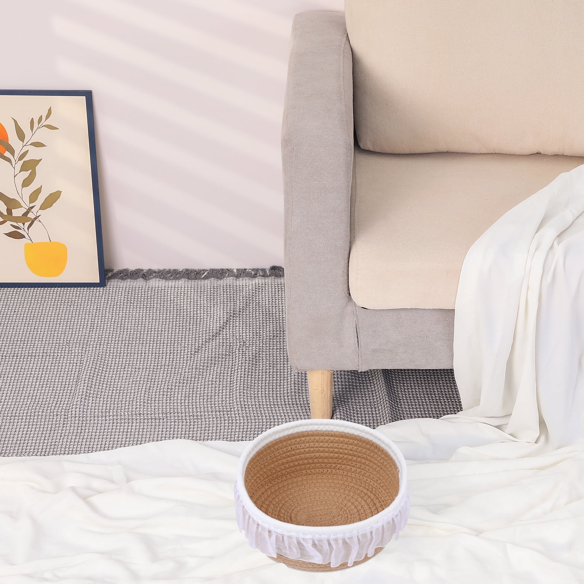 Unique Bargains Woven Storage Basket for Entryway Desk Khaki/White 8.5*7.5*3.7in