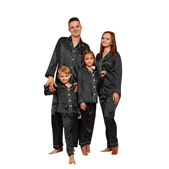 BLOCLOALO Family Matching Christmas Pajamas Set Silk Satin Pajamas Dad's Button Down Sleepwear 2025 Silk Satin Plus Size Casual Long Sleeve Tee Comfy Loungewear Matching Sets Holiday Pajamas Black L