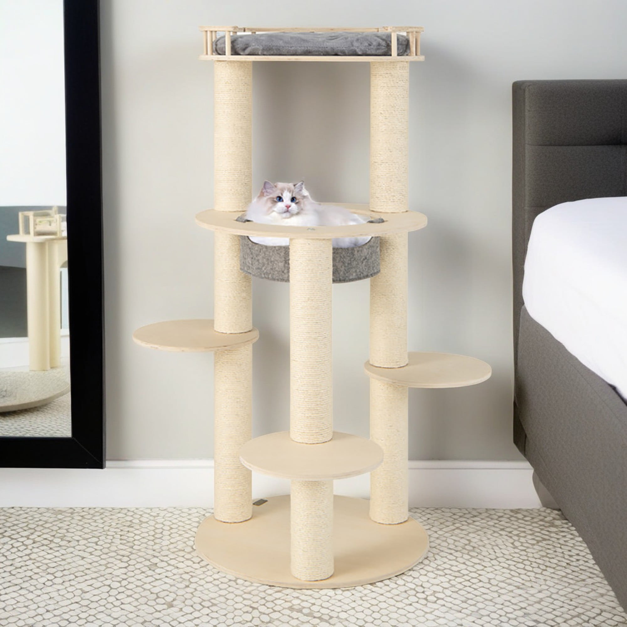 resenkos 59" Modern Cat Tree Tower for Indoor Cats, 5-level Large Wood Cat Condo with Scratching Post and Removable Pads for Small Large Cats, Beige