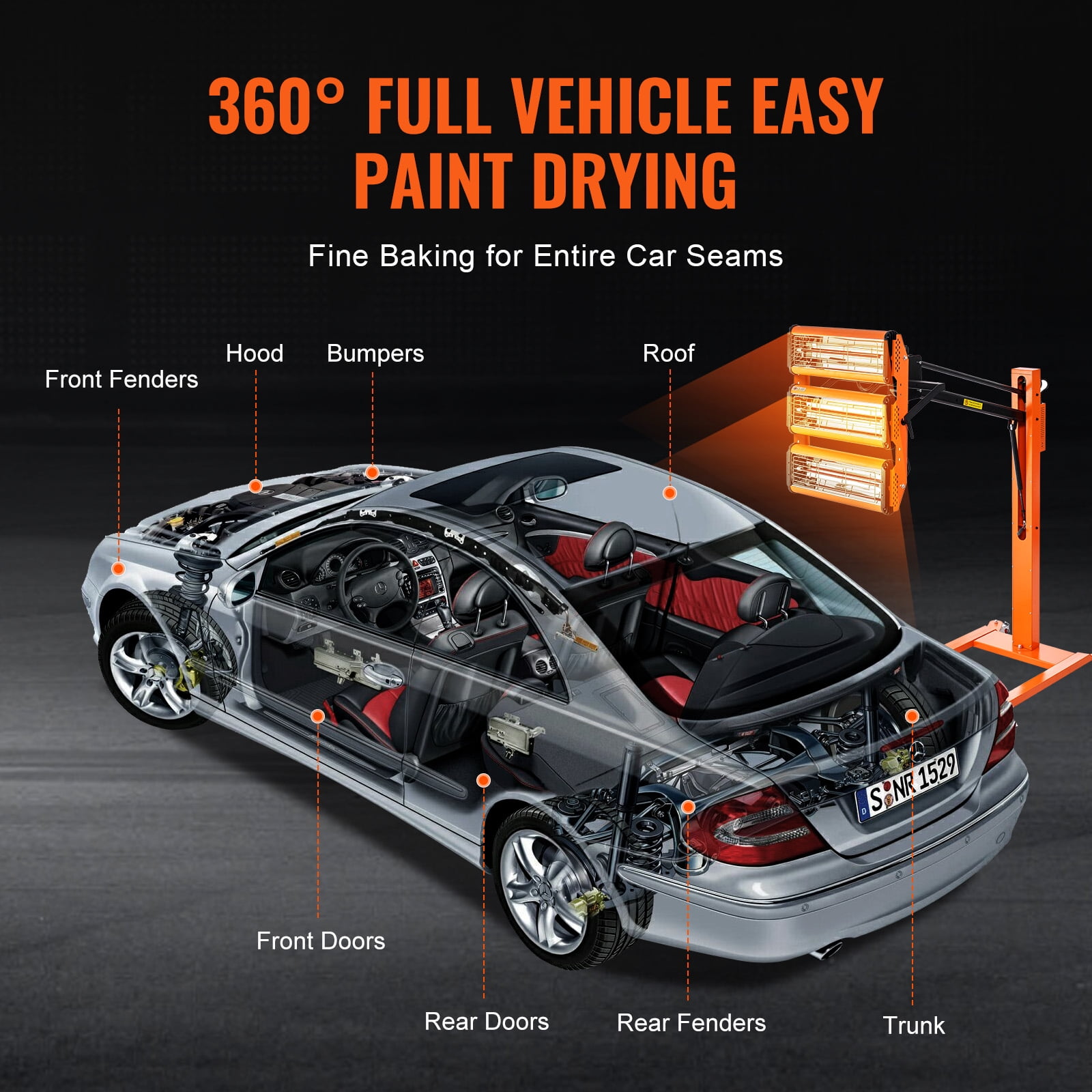 VEVOR Infrared Curing Lamp, 3300W 1-60 min Timing, Auto Heating Car Curing Light with Bracket,8.61 sq.ft Baking Area Spray Baking Booth Heaters,Paint Dryer for On-Site Repair Engine Drying 1 Pac 110V