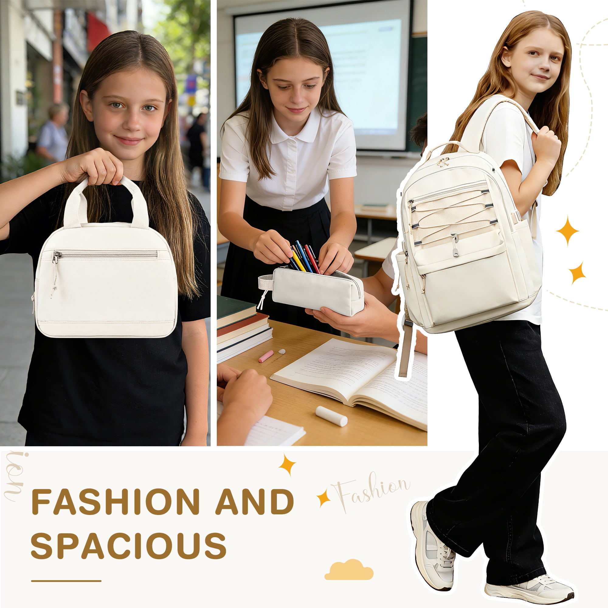 DAKIMOE 3 PCS School Backpacks for College Teens Cute Girlish Middle High School Bookbag Large Capacity Lightweight Waterproof Daypack for Students