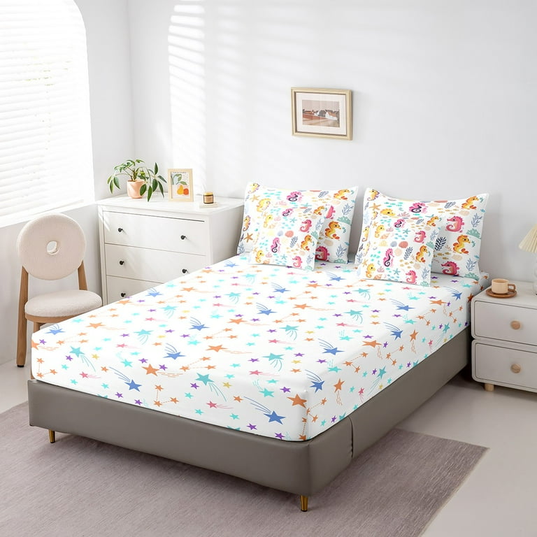 YST 7Pcs Seahorse Comforter Set with Sheets Colorful Sea Animal Bedding Queen for Kids Bed in a Bag Bedding 1 Comforter 1 Flat Sheet 1 Fitted