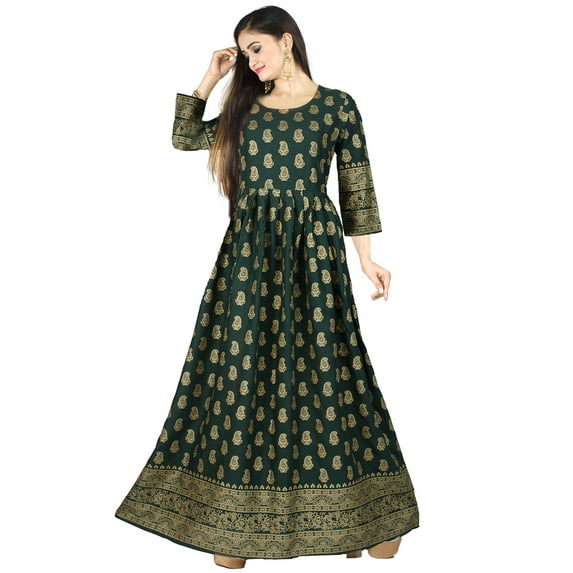 Chandrakala Gold Foil Printed Long Kurti for Women Rayon Indian Ethnic Tunic ,Small (K199BOT1)