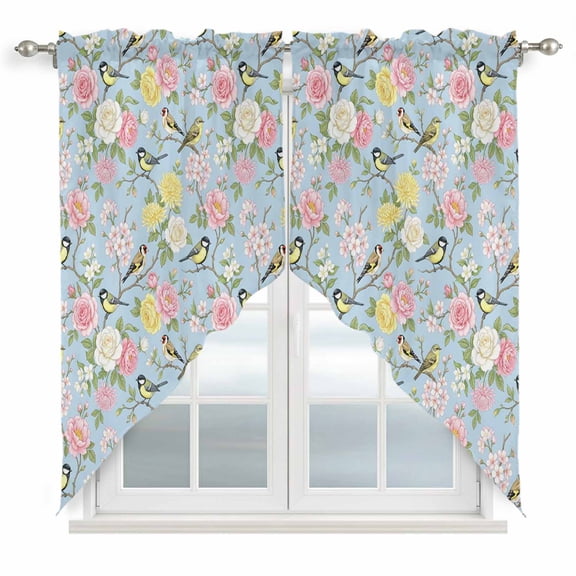 Swag Valance Curtains for Windows, Blue Spring Floral Light Filtering Kitchen Curtains with Rod Pocket, Elegant Farmhouse Flowers Birds Watercolor Window Treatment Valances, 36x36 - 2 PCS