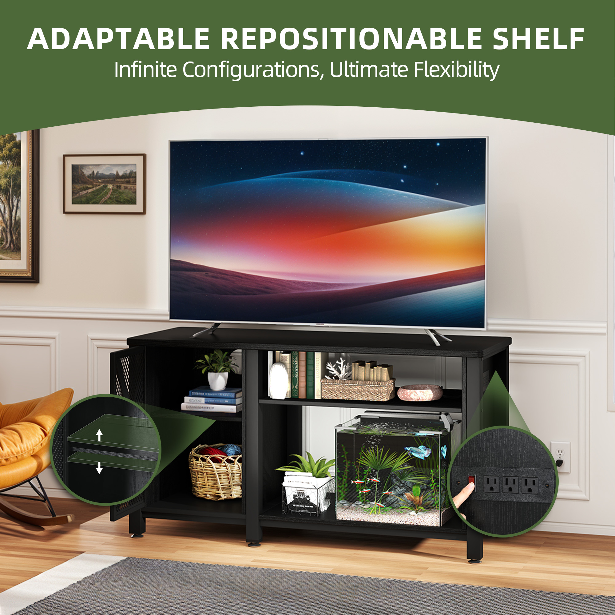 Uforic 52"Modern Farmhouse TV Stand with Power Outlet for TVs up to 60" - Black