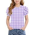 thumbnail image 2 of Bxsruta Girls Puff Sleeve Crew Neck Gingham Top Casual Short Sleeve Pullover for Ages 5-14, 2 of 8