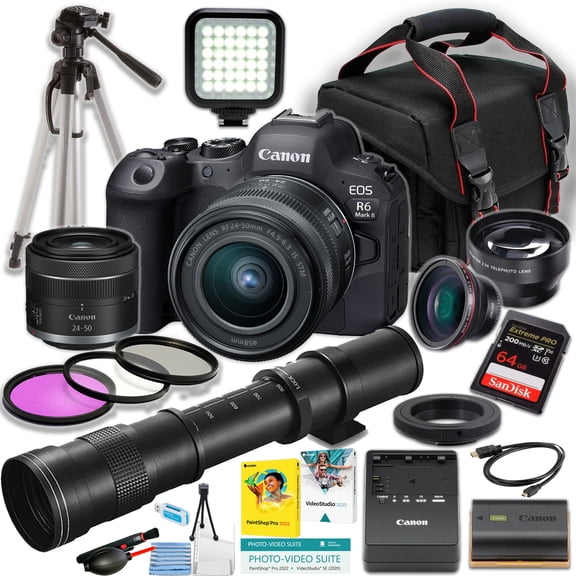Canon EOS R6 Mark II Mirrorless Camera w/24-50mm and 420-800mm Telephoto lens   SanDisk 64GB Extreme Pro Memory Card   LED Light   More (18pc Bundle) (International Version)
