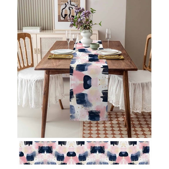 Nordic Modern Minimalist Art Table Runner 13x72in Non-Slip Cotton Linen Table Runners, Boho Pink Blue Color Block Dresser Scarves TableRunner for Dinner Kitchen Dining Wedding Party