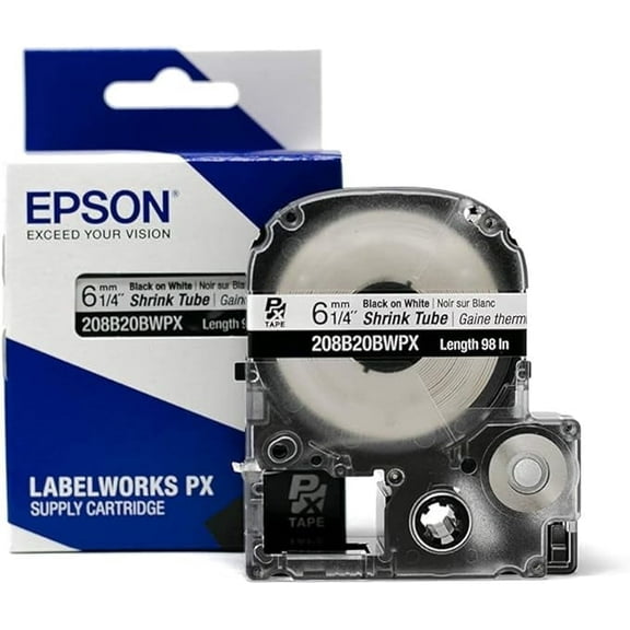 Epson LABELWORKS 208B20BWPX Shrink Tube - 1/4" (6MM) x 8 ft Black on White (AWG 6-18)