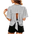 thumbnail image 6 of FAIWAD Summer Tops for Women Striped Tie Back Short Sleeve Crew Neck T Shirts Casual Going Out Blouses, 6 of 9