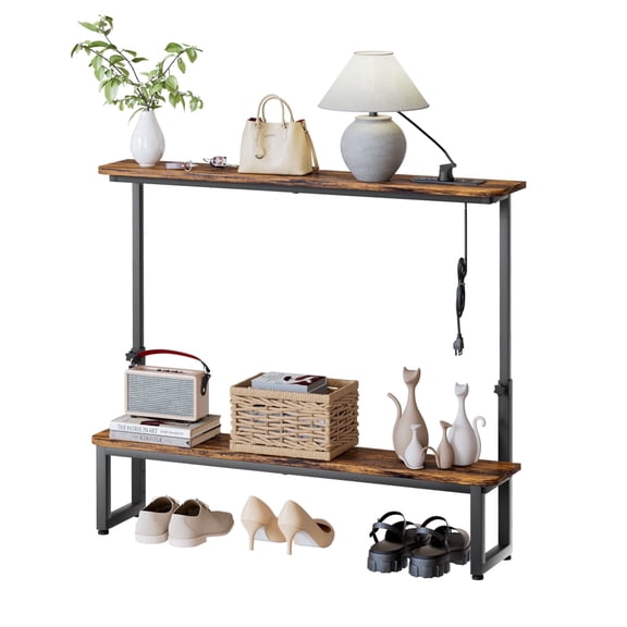 Enogets 39inch Entryway Table with double storage shelves, Console Table Height Adjustable, Behind Couch Metal Frame with Charge Station