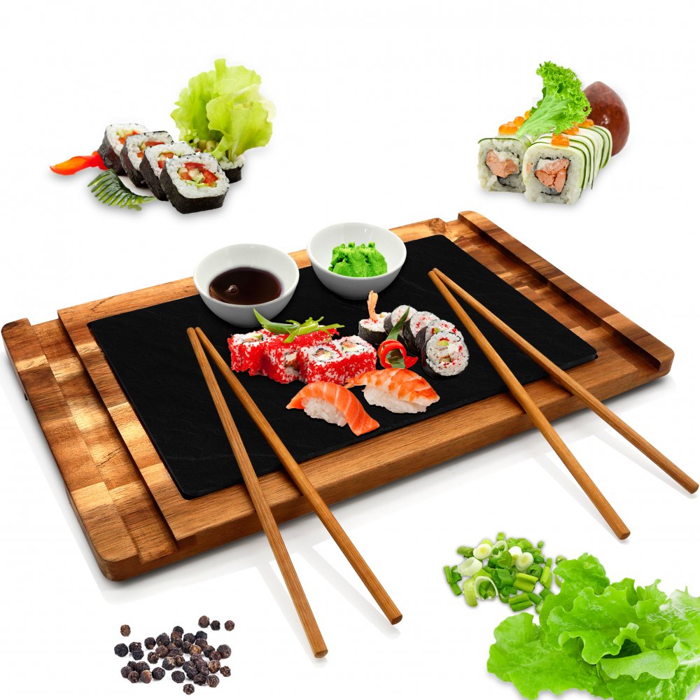 NutriChef PKSUSH10 Wooden Sushi Tray Set Food Serving Presentation