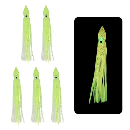 Fishing Squid Skirts Glow Soft Plastic Trolling Lures Fit for Bass Trout Salmon Saltwater Fishing Bait Clear Yellow 5 Inch