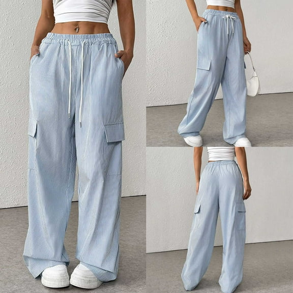 AINIYS Women's Striped Wide Leg Pants Elastic High Waist Casual Trousers with Drawstring Streetwear Blue L