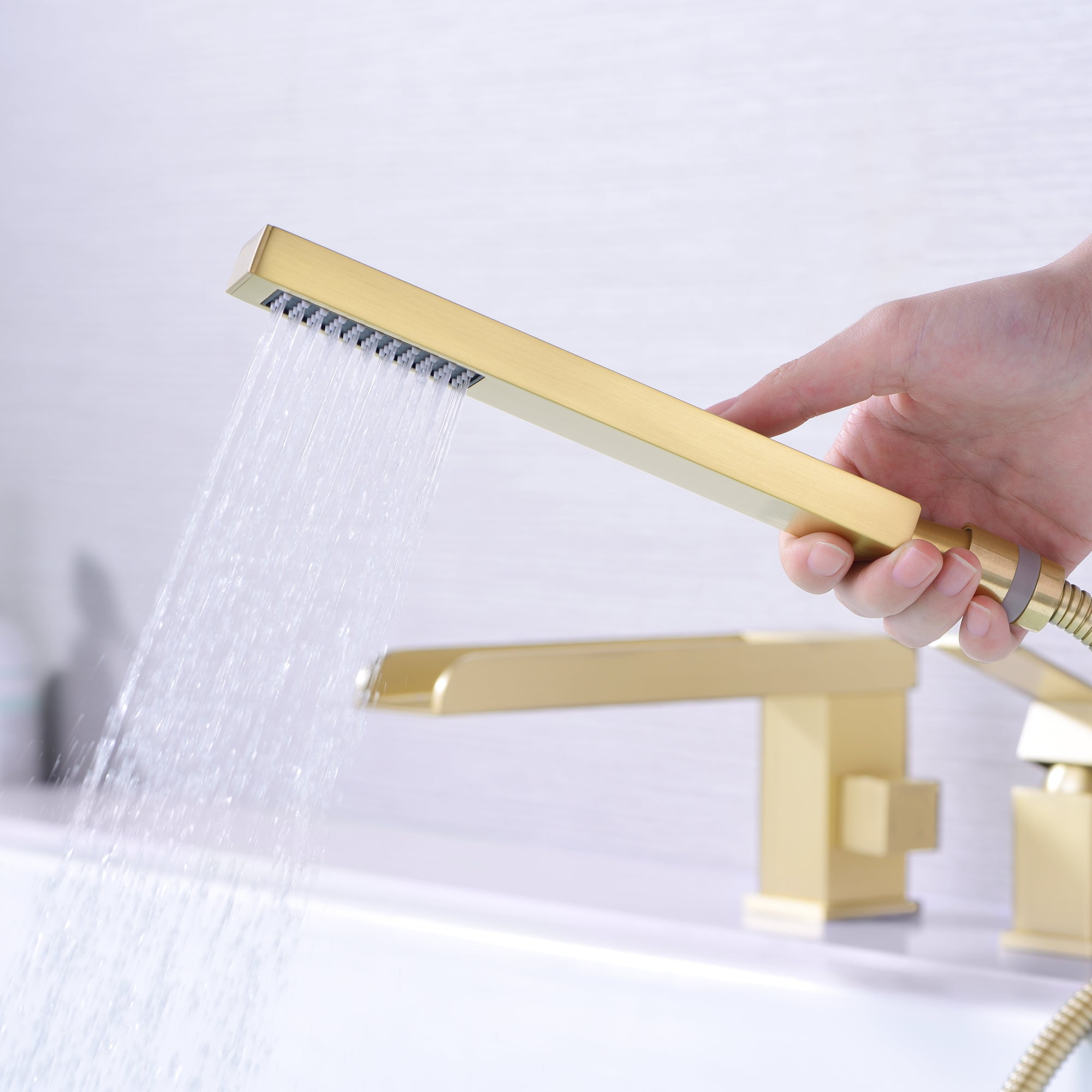 3 Hole Brushed Gold Waterfall Roman Tub Faucet with Hand Shower and Valve Sumerain