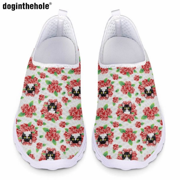 Zapatos casuales de verano para mujer con diseño de estampado de gatito de dibujos animados de Doginthehole, zapatos planos de malla transpirables cómodos, zapatos de enfermera de hospital