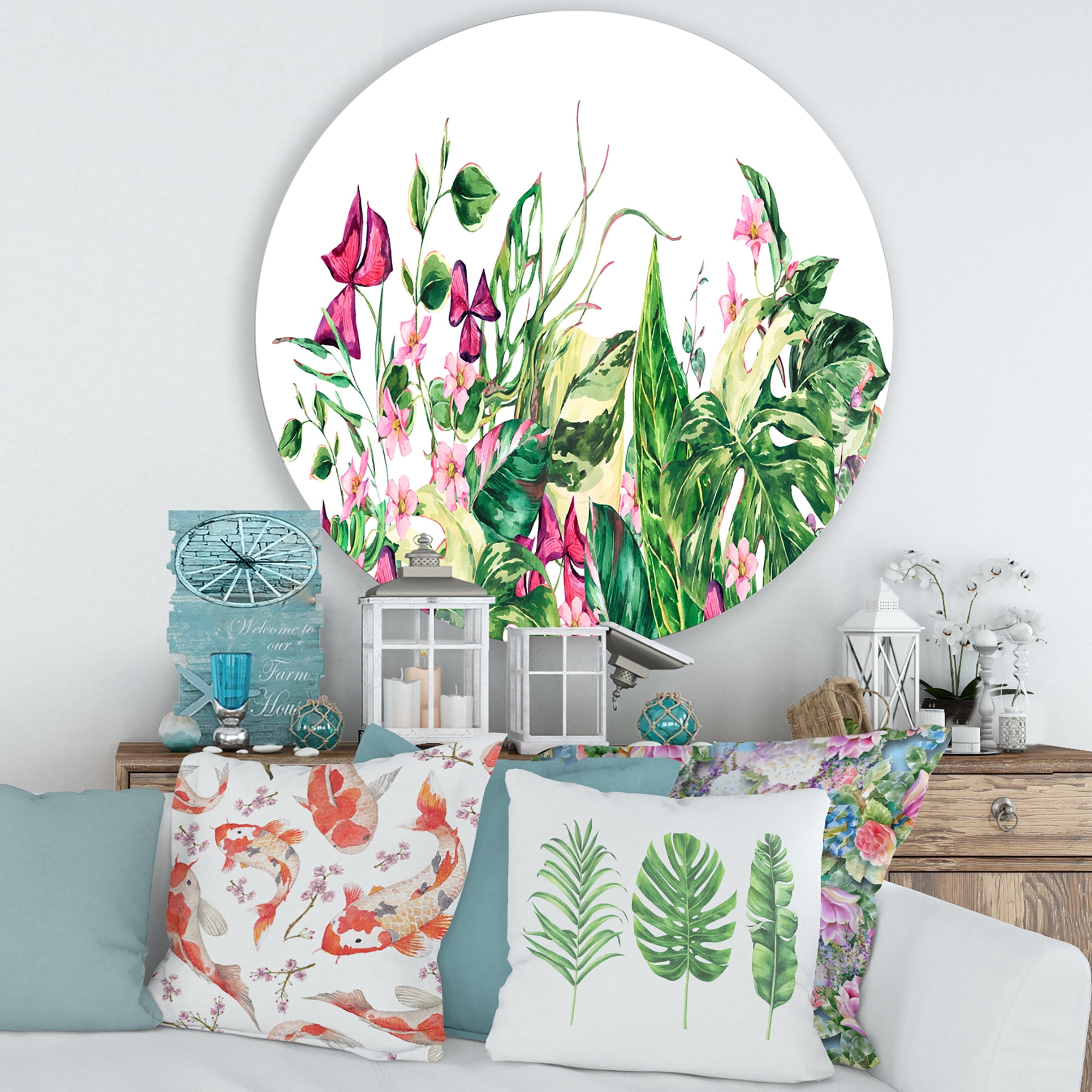 Designart 'Ancient Floral Tropical Leaves I' Tropical Circle Metal Wall Art 29x29 - Disc of 29