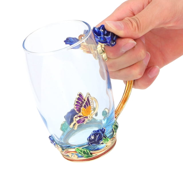 Taza de Vidrio de Flores, Taza de Café de Flores Vívidas Hechas A Mano Para Mujeres con Cuchara y Taza de Limpieza para el Uso del Centro en Casa para Té, Café,