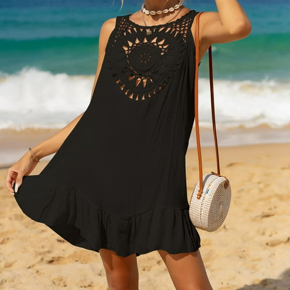 HOWPAY Beach Cover Ups for Women Summer Mesh Knit Hollow Out Swimwear Sleeveless Bathing Suit Cover up Dress Casual Vacation Outfits Black One Size