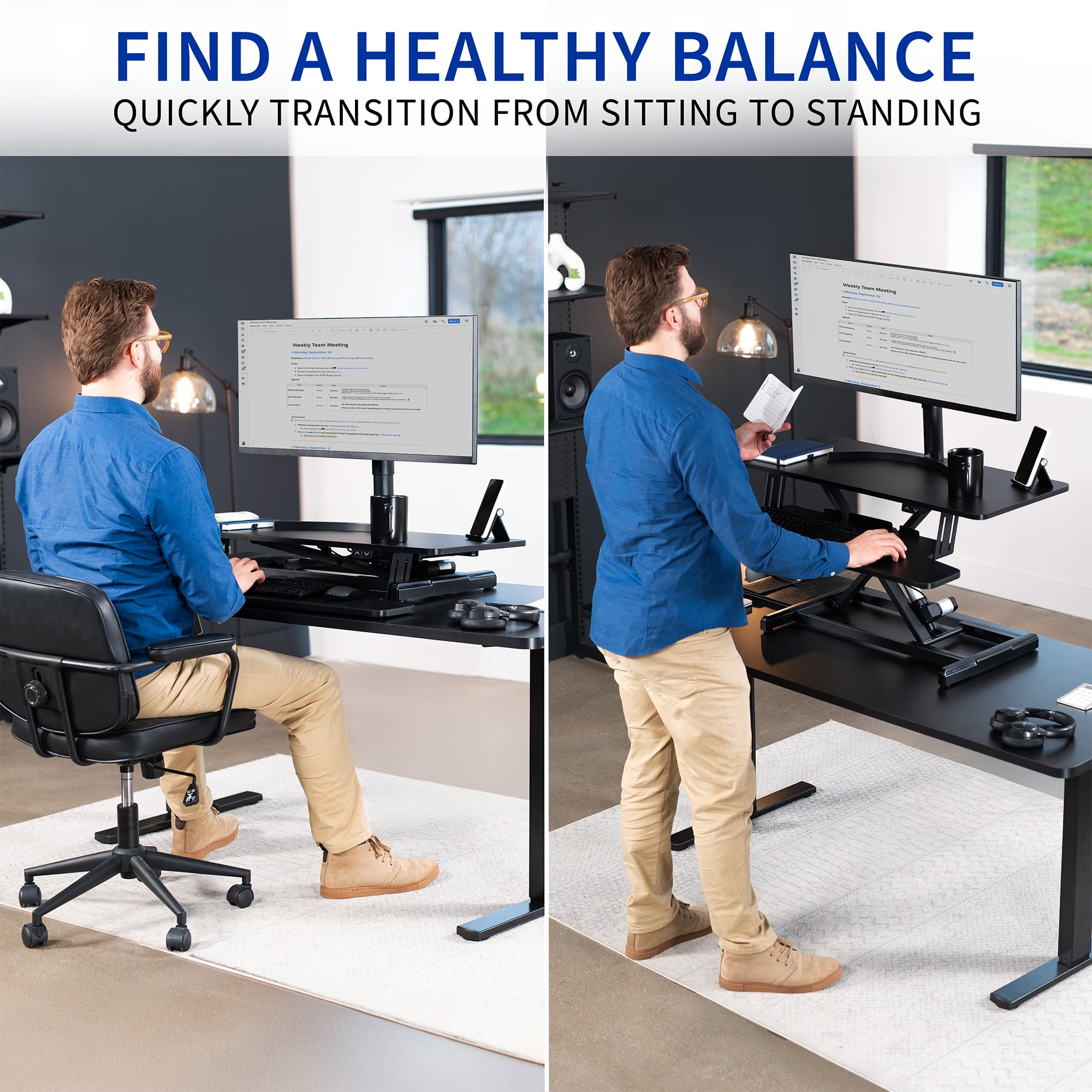 VIVO Black Electric 36" Standing Desk Monitor Riser, Dual Arm Sit Stand Tabletop