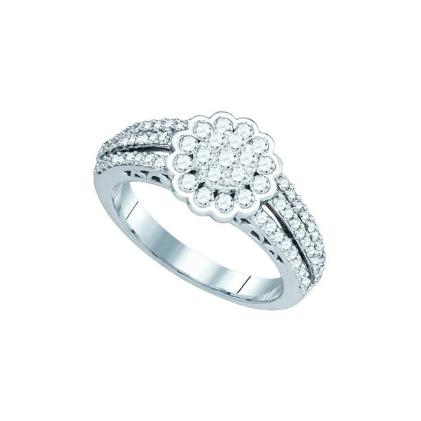 IdealCutGems 10kt White Gold Womens Round Diamond Flower Cluster Ring