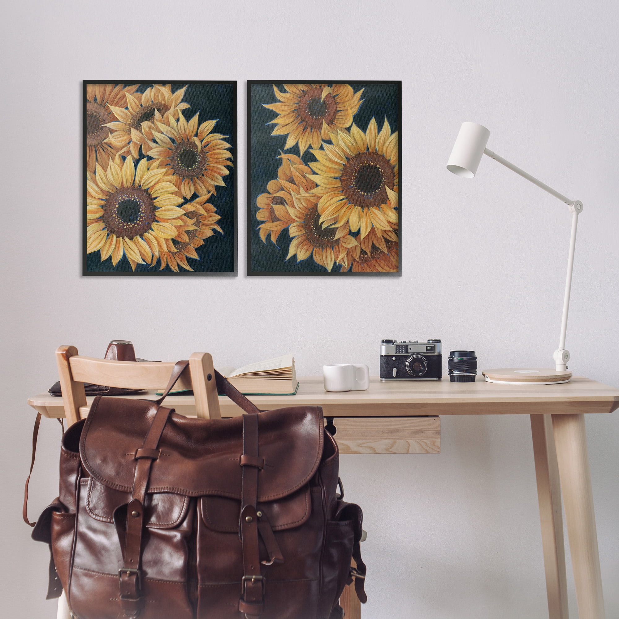 Stupell Industries Sunflowers on Black Botanical & Floral Painting Black Framed Art Print Wall Art, 16 x 20, Set of 2